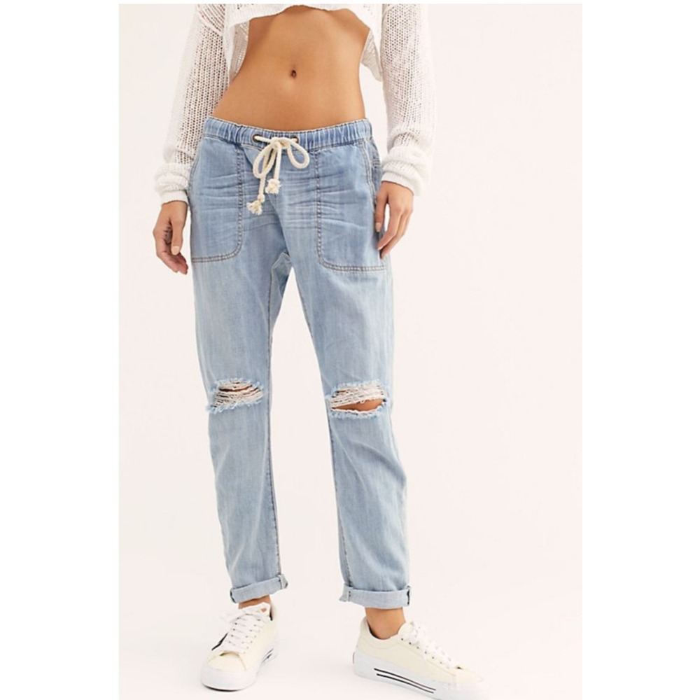 One Teaspoon Shabbies Jeans Women Sz L Drawstring Boyfriend Distressed Blue